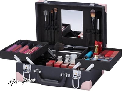 Mrs. Jones make-upkoffer nagellak cosmeticakoffer spiegel slot HBD 125 x 31 x 23 cm zwart roze zonder inhoud .