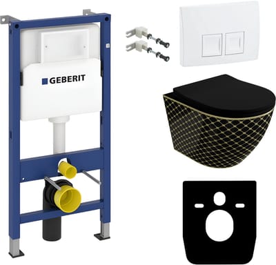 Inbouwreservoir Complete Toiletset Geberit Duofix Basic - Inbouw WC Hangtoilet Wandcloset SOFI SLIM BLACK NIGHT Zwart/Gaude - Bedieningsplaat DELTA Wit - Voorwandelement - Installatiesysteem
