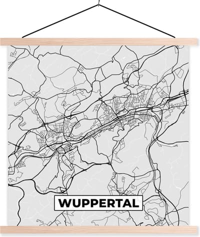 Posterhanger incl. Poster 40x40 cm - Schoolplaat - Kaart - Wuppertal- Plattegrond - Duitsland - Stadskaart - Textielposter - Blanke latten - Stadskaart