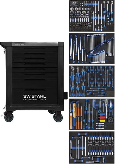 SW-Stahl Z3111 Professionele werkplaatswagen TT801 zwart I 8 laden I 5 laden gevuld I 341 delig I Werkplaatswagen voorzien van gereedschap I Twin-lock I Werkplaatswagen kit I volledig uitgerust