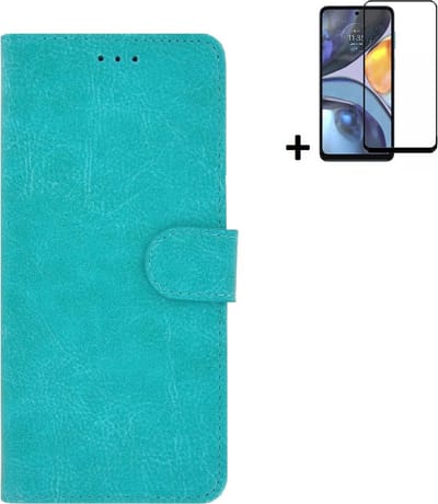 MoDo hoesje Geschikt voor Motorola Moto G22 - Kunstleer Book Case - Turquoise hoesje met full screenprotector