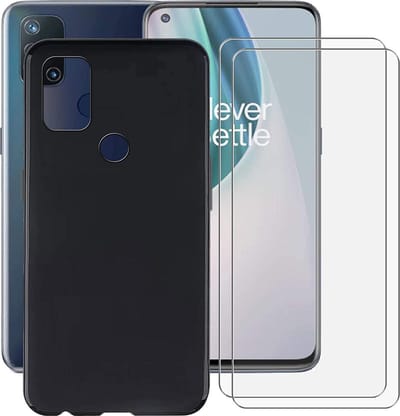 Silicone hoesje zwart met 2 Pack Tempered glas Screen Protector Geschikt voor: OnePlus Nord N10