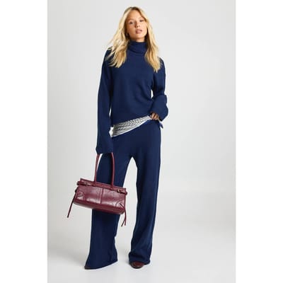 boohoo Dames Superzachte rollhals oversized trui en wijde pijp broek co-ord | Navy | Maat: Medium
