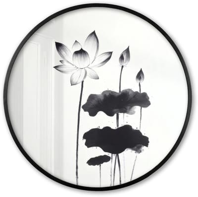 Poster in lijst Rond - Fotolijst 60x60 cm - Posters - Bladeren - Zwart - Lotusbloem - Minimalitisch - Ronde posterlijst zwart - Decoratie - Wanddecoratie woonkamer - Muurdecoratie slaapkamer