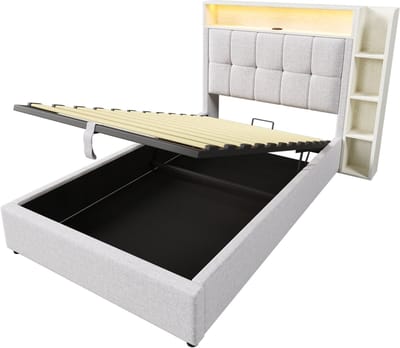 Eenpersoonsbed 90x200 cm - met USB Type-C oplaadfunctie - met opbergruimte - LED-verlichting - beige - zonder matras