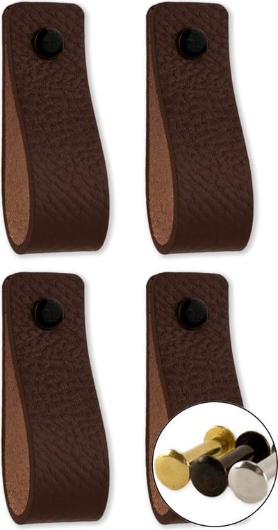 Leren handgrepen - Bruin - 4 stuks - 16,5 x 2,5 cm - incl. 3 kleuren schroeven - Handgrepen leer - Leren meubelgreep - Leren handvaten kast - Leren lus - Handgreep kast leer - Leren greepjes - Handvat leer - Leren deurgreep - Bruine leren handgreep