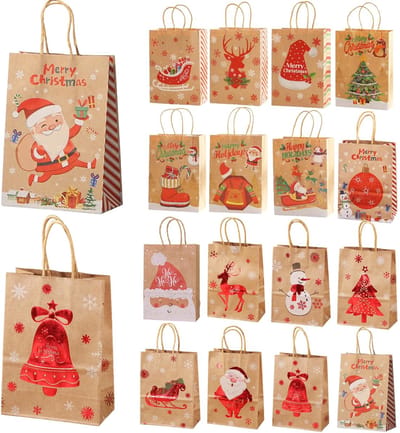 Dailygoods - 16 stuks cadeauzakjes kerstpapier, 21 x 15 x 8 cm, kerstzakjes voor koekjes, Kerstmis, verjaardag