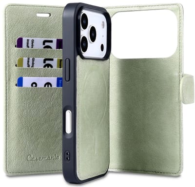 CaseMania Bookcase hoesje geschikt voor iPhone 17 Pro - Effen Groen - Kunstleer - Fine Grain PU Leather - 2in1 Magnetisch Uitneembaar Design - Compatible met MagSafe