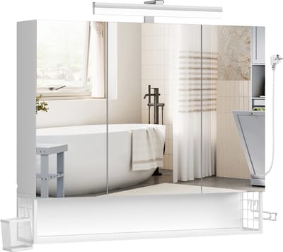 VASAGLE - Badkamer Kastje - Badkamerkast met LED - Stopcontact en Föhnhouder - Hangmand voor Wastafel