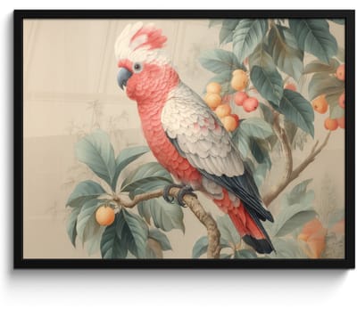 Poster in lijst - Fotolijst 80x60 cm - Posters - Roze kuifkaketoe - Tak met vruchten - Bladeren - Posterlijst zwart - Decoratie - Wanddecoratie woonkamer - Muurdecoratie slaapkamer