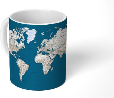 Mok - Koffiemok - Wereldkaart - Donkerblauw - Beige - Mokken - 350 ML - Beker - Koffiemokken - Theemok
