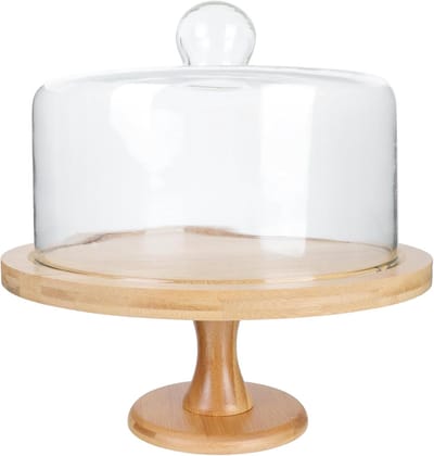 Taartplateau met Dome - Dessert Presentatie - Gebak Tonen - Houten Basis - 20 cm Diameter - Transparant