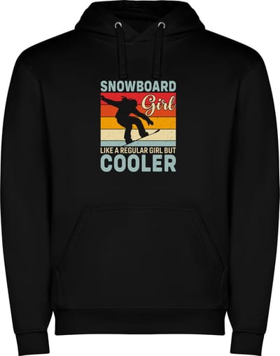Zwarte unisex hoodie met “ Kleurrijke Snowboard Girl is Cooler – Snowboard Meiden zijn cooler – Wintersport “ Print Full Color Color merk Roly maat S