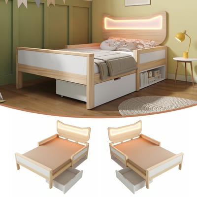 Kinderbed 90x190 cm - met kattenoor hoofdsteun - met LED-verlichting - lade flexibel te installeren - wit en houtkleur - zonder matras
