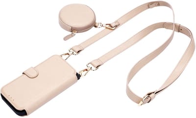 CaseMania Backcase hoesje geschikt voor Apple iPhone 17 - Effen Beige - Kunstleer - 2in1 Bookcase met Koord - XL Wallet 6 pasvakjes - Matchende Mini Bag - MagSafe Compatibel