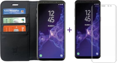 Hoesje geschikt voor Samsung Galaxy S9 - Kunstlederen TPU Wallet Case Zwart - Portemonee Hoesje met Glas PET Folie Screen Protector Transparant 0.2mm
