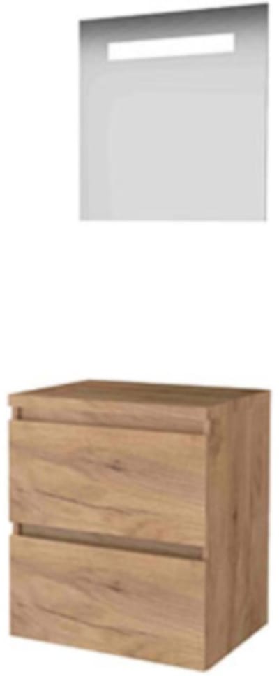 Basic-Line Economic 46 Badkamermeubelset - 60 x 46 cm - Greeploos - 2 Lades - Wastafelblad - Spiegel met LED Verlichting - Whisky Oak