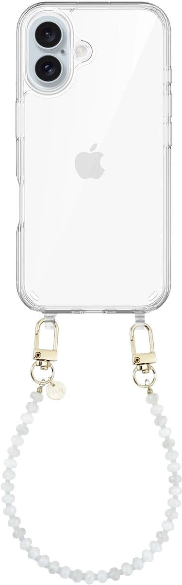 xoxo Wildhearts siliconen hoesje geschikt voor iPhone 17 - Dusty White - Kort koord - Telefoonhoesje - Hoesje met koord - Kralenketting - Wit telefoonkoord - Transparant hoesje