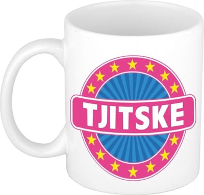 Bellatio Decorations - Tjitske voornaam - koffiemok - beker - wit/roze - 300 ml - Cadeau - Dames - Collega - Moederdag - Verjaardag