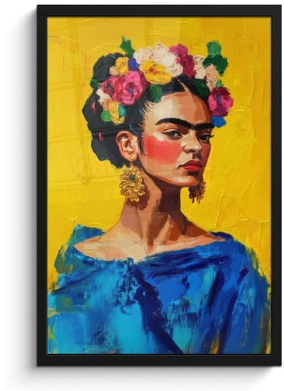 Poster in lijst - Fotolijst 40x60 cm - Posters - Frida Kahlo - Vrouw - Geel - Blauw - Bloemen - Posterlijst zwart - Decoratie - Wanddecoratie woonkamer - Muurdecoratie slaapkamer