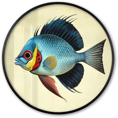Poster in lijst Rond - Fotolijst 60x60 cm - Posters - Blauw - Kieuwen - Vis - Illustratie - Ronde posterlijst zwart - Decoratie - Wanddecoratie woonkamer - Muurdecoratie slaapkamer