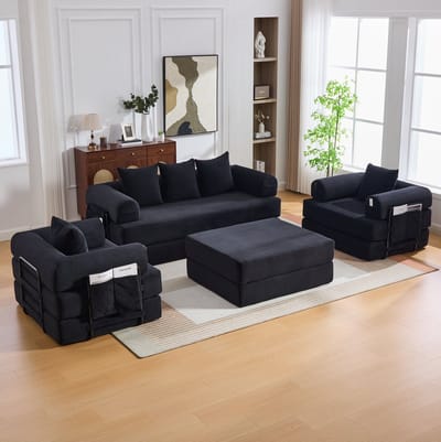 DESMIU Bank Set 200 Cm - Modulaire 4-Zits Met Hocker, Opbergtas En Kussens - Voor Woonkamer En Appartement - Cord Zwart