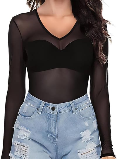 Sexy transparante mesh top met ronde hals en V-hals, ideaal voor feesten en clubwear, trendy tulle T-shirt