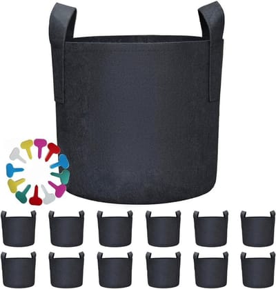 Famanu - Kweekzakken - 5 gallon - Set van 12 - Met handgrepen en plantenlabels - Zwart