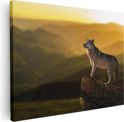 Artaza Canvas Schilderij Wolf - 80x60 cm - Wanddecoratie Bergen - Muurdecoratie Zonsondergang - Schilderijen Dieren