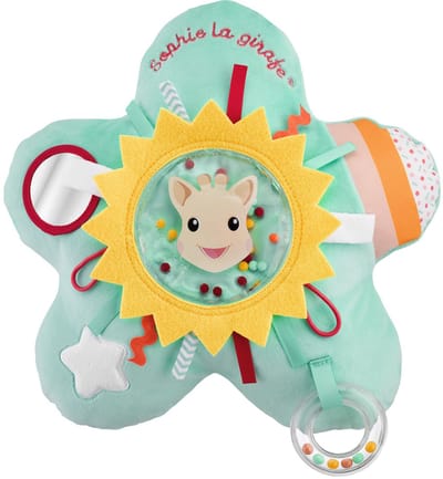 Sophie de giraf Activiteitenkussen Zon – Zintuiglijk Baby Speelkussen met Spiegel, Rammelring, Textuurlintjes & Zachte Elementen – Perfect voor Tummy Time en Onderweg – Lichtgewicht – Vanaf 0 Maanden (30x15x33 cm)