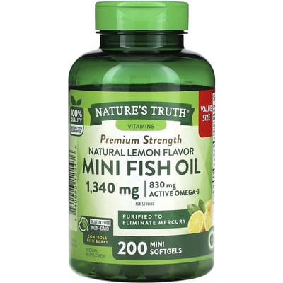 Nature'S Truth, Mini Visolie, Premium Kracht, Natuurlijke Citroensmaak, 1.340Mg, 200 Mini Softgels (670 mg per zachte capsule)