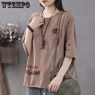 Dames Large Yards T-shirt met korte mouwen 100% katoen Zomer- en herfstlosse versie van The Boutique Dun T-shirt Hundred Bedrukte casual trui 3XL kaki