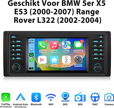 Junsun Android 15 Autoradio Geschikt Voor BMW 5er X5 E53 (2000-2007) & Range Rover L322 (2002-2004) Accessoire - Achteruitrijcamera - Draadloze CarPlay, DAB+, SWC, GPS-Navigatie, Bluetooth, RDS, 7-inch IPS Touchscreen, DSP, FM, Quad-core processor