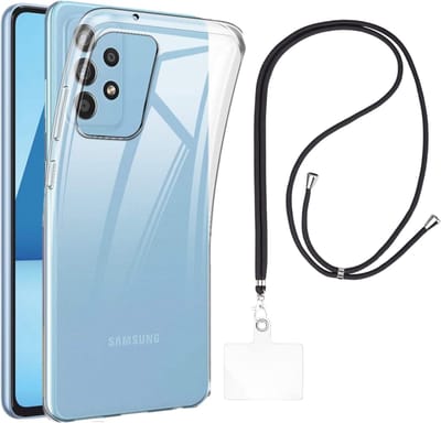 Set met hoesje en nekband voor Samsung Galaxy a53 5g - Flexibele, transparante TPU-bescherming, verstelbare universele nekband voor mobiele telefoons, zwarte nekband, transparante draagriem van Phonillico®