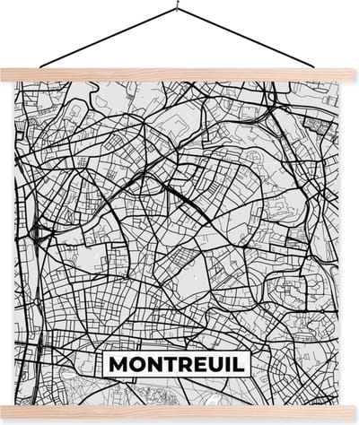 Posterhanger incl. Poster 40x40 cm - Schoolplaat - Plattegrond - Kaart - Stadskaart - Frankrijk - Montreuil - Textielposter - Blanke latten - Stadskaart