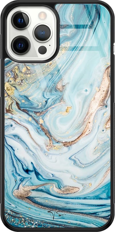 Hoesje geschikt voor iPhone 12 Pro Max - Marmer blauw goud - Luxe Hard Case - Marmer - Blauw, Goud - Mooie Telefoonhoesjes