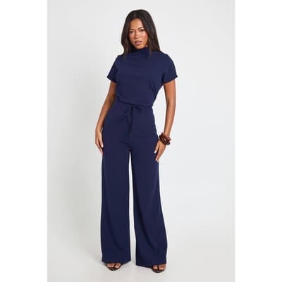 boohoo Dames Crepe Jumpsuit Met Aangegroeid Halsbeleg, Trekkoord In De Taille En Wijde Pijpen | Marineblauw | Maat: 42