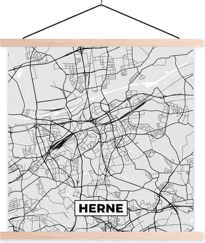 Posterhanger incl. Poster 40x40 cm - Schoolplaat - Plattegrond - Kaart - Stadskaart - Duitsland - Herne - Textielposter - Blanke latten - Stadskaart