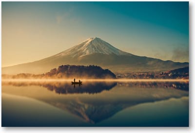 Mount Fuji bij Kawaguchimeer - Zonsopkomst - 90x60 Canvas Liggend - Minimalist - Landschap - Natuur
