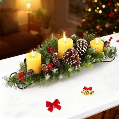 Meedeer Decoratieve Kaarsenhouder Met 3 Kandelaars-Kerst Kaarsenhouder-kaarsenstandaard-Voor 3 kaarsen-Met dennennaalden en dennenappels-Geschikt voor Kerstmis, verjaardagsfeestjes, bruiloften（Zwart）