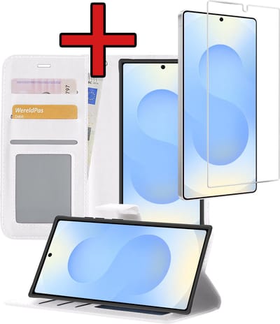 Hoesje - Met Screenprotector - Geschikt voor Samsung Galaxy S25 Ultra - Luxe Pasjeshouder - Flipcase - Bookcase Portemonee - Flip Case - Kunstleer Book Case - Book Cover - Walletcase - Portemonneehoes - Telefoonhoes - Wit