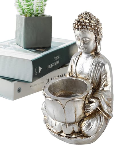 Boeddha Kaarshouder - Meditatie Beeldje - Zen Decoratie - Hars Materiaal - 7.6x7.6x13.4 cm - Goud/Zilver