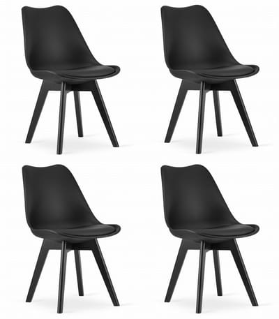 Set van 4 Stoelen MARK – Zwart, Zwarte Poten, Kunststof Zitting met Kunstlederen Kussen, Strak Design, Ergonomisch, Geschikt voor Keuken, Eetkamer, Kantine en Werkruimte, Max. 120 kg