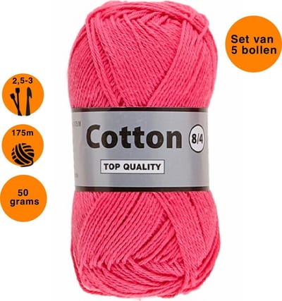 Lammy yarns Cotton eight 8/4 dun katoen garen - roze (020) - pendikte 2,5 a 3mm - 5 bollen van 50 gram