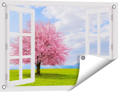 Gards Tuinposter Doorkijk Roze Sakura Bloesem Boom in het Groene Veld - 60x40 cm - Tuindoek - Tuindecoratie - Wanddecoratie buiten - Tuinschilderij