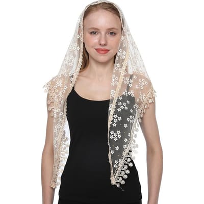 Écharpe triangulaire pour femmes pour l'église, châle de prière, voile en dentelle brodé, couvre-chef floral, voile à pampilles, mantilles pour l'église