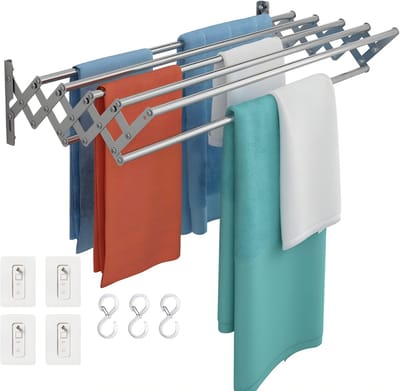 AHD® Wanddroogrek - Wanddroogrek Inklapbaar - Droogrek Muur - Wanddroogmolen - Zilverwit - 10cm x 18cm x 80cm
