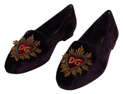 Dolce & Gabbana Dames Paarse Fluwelen DG Hart Instappers Flats Schoenen