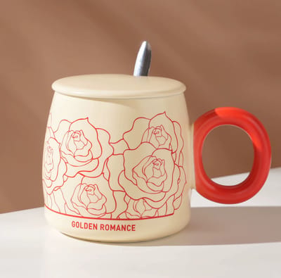 Luxe Mok met Deksel & Lepel - Rood - 400ml – Golden Romance Design - Kop - Geschenk