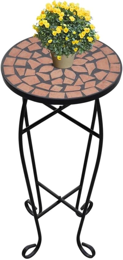 Mozaïek Plantentafel - Terracotta & Zwart - Ø 30 cm - Bijzettafel voor Buiten & Binnen - Keramiek & IJzer - Mediterrane Stijl